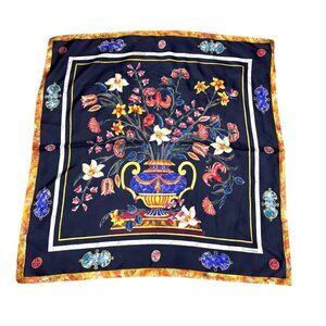 Hand Rolled Silk Floral Vase Scarf 33.75" Smithsonian Institution Signed Vintage